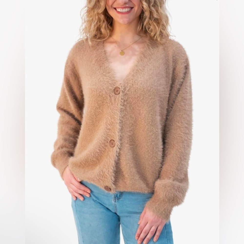 Slouchy V-Neck Cardigan Fuzzy Knit Sweater Oversized Drop Shoulder Long Sleeves - Picture 2 of 10